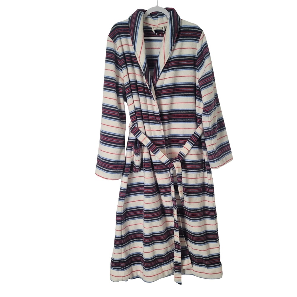 LL Bean Fleece Robe XL Mens Striped Shawl Collar Long Cozy Cream ALTERED READ